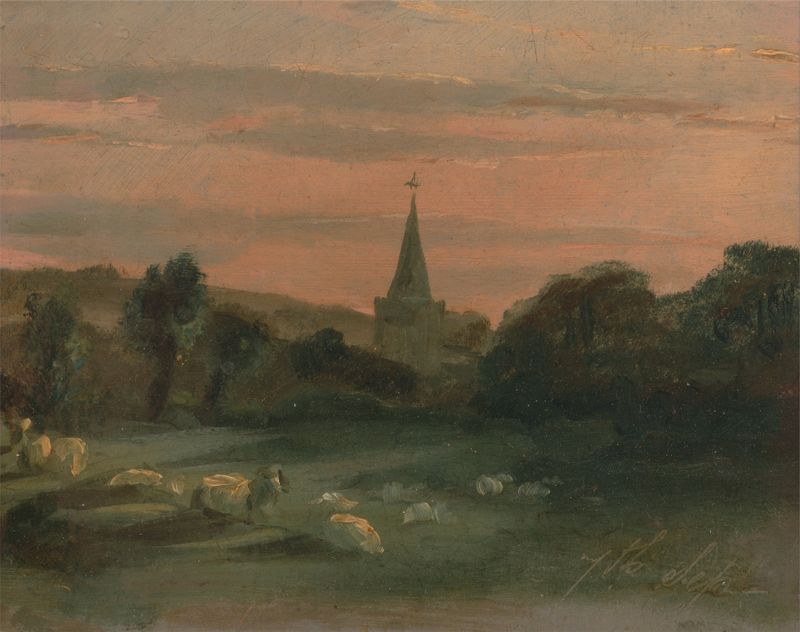Watercolour by Thomas Churchyard depicting Stoke Poges Church with soft light and tranquil landscape.