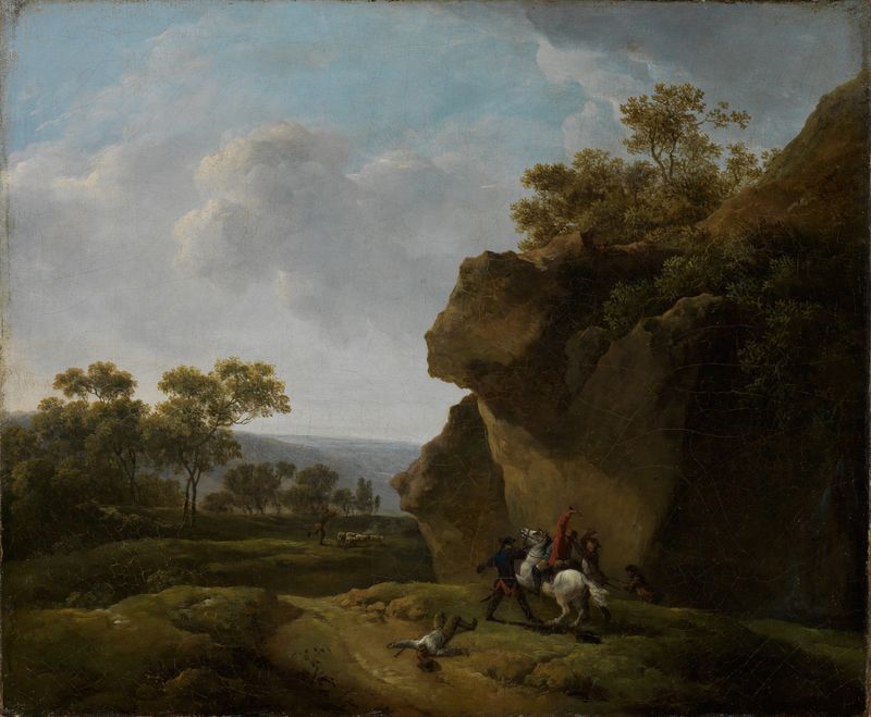 Landschaft mit einem Überfall by Georg Friedrich Meyer, oil painting depicting a serene landscape.