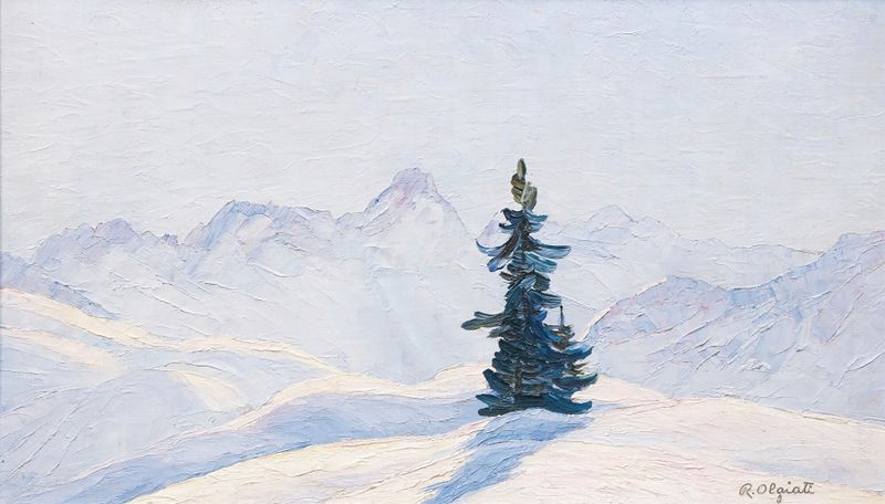 Paisagem de montanhas em tons pastel por Rodolfo Olgiati, meio desconhecido