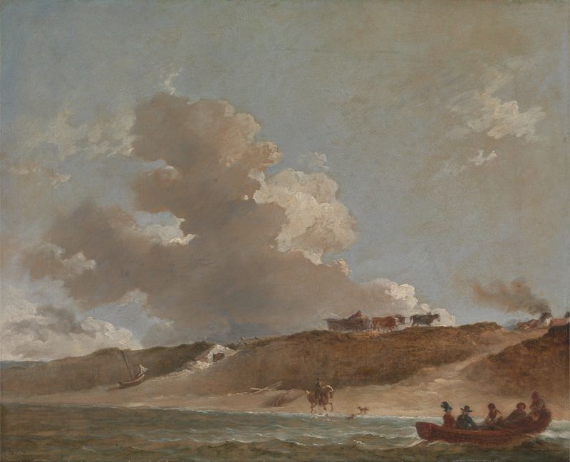 Paisagem costeira com um ferry boat, óleo sobre tela de Peter Francis Bourgeois