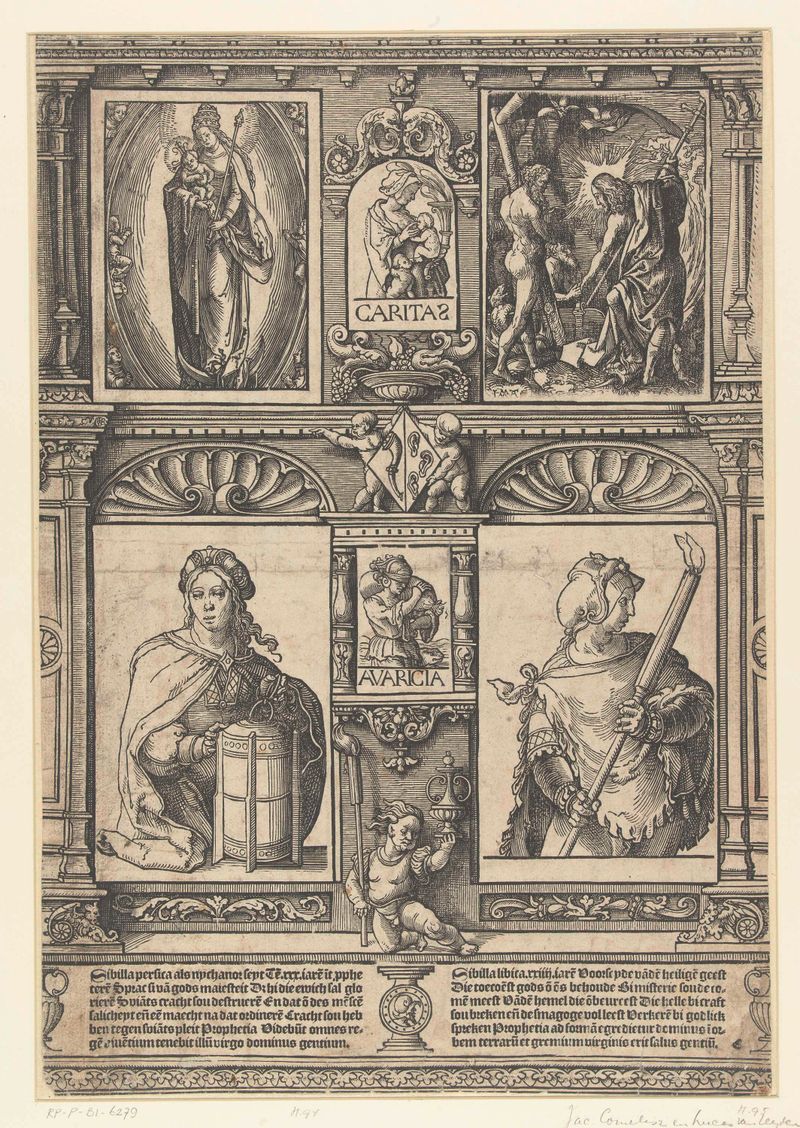 Blad met twee Sibyllen en twee bijbelse scènes, papel de Jacob Cornelisz van Oostsanen
