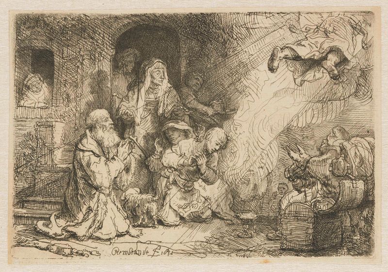 Gravura de Rembrandt van Rijn mostrando Tobias e um anjo em uma cena de despedida.
