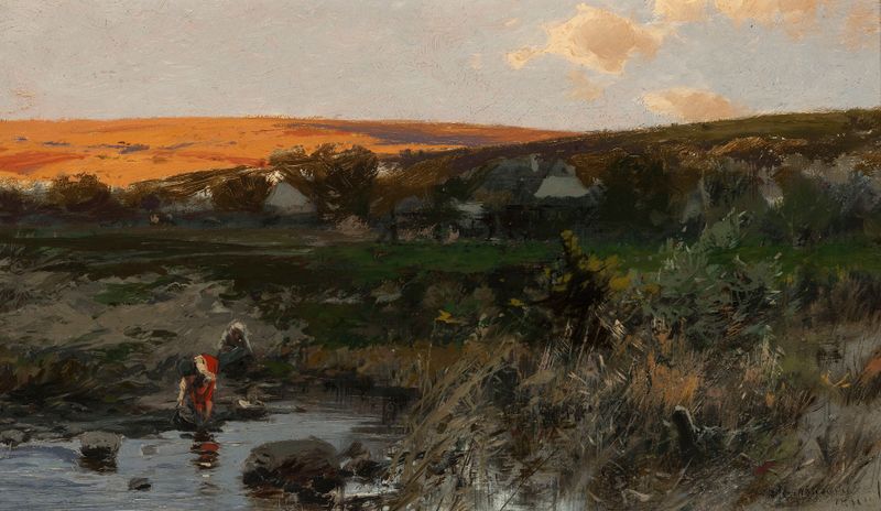 Landscape at sunset by Roman Kazimierz Kochanowski, oil on canvas depicting a vibrant sunset over a horizon.