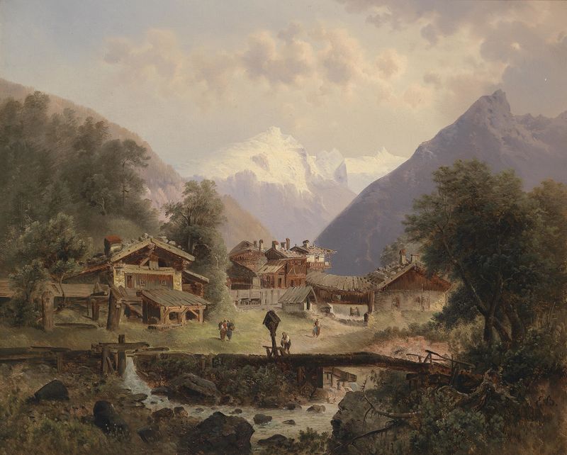 Gebirgsdorf by Emil Barbarini, oil on canvas depicting a mountain village.