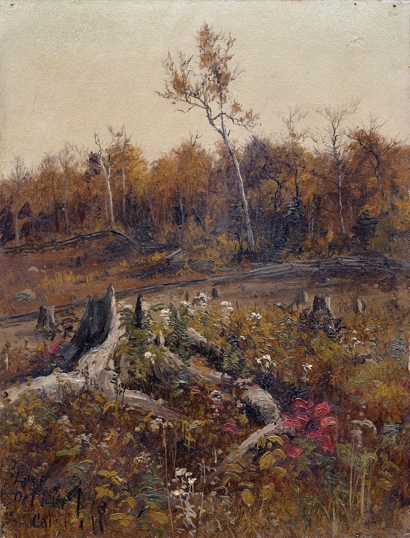 Landscape by Lockwood de Forest, oil on canvas depicting a tranquil horizon with golden light.