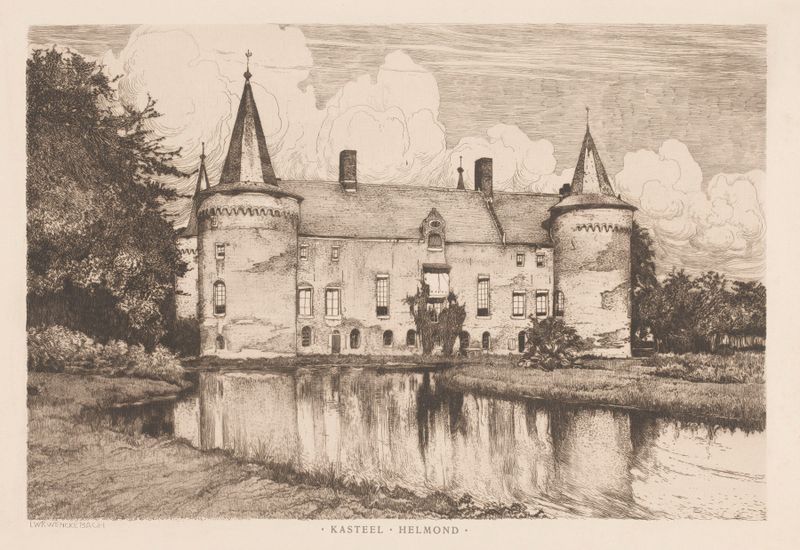 Kasteel Helmond de Willem Wenckebach, realismo, representando un castillo con paredes de piedra texturizadas contra un cie...