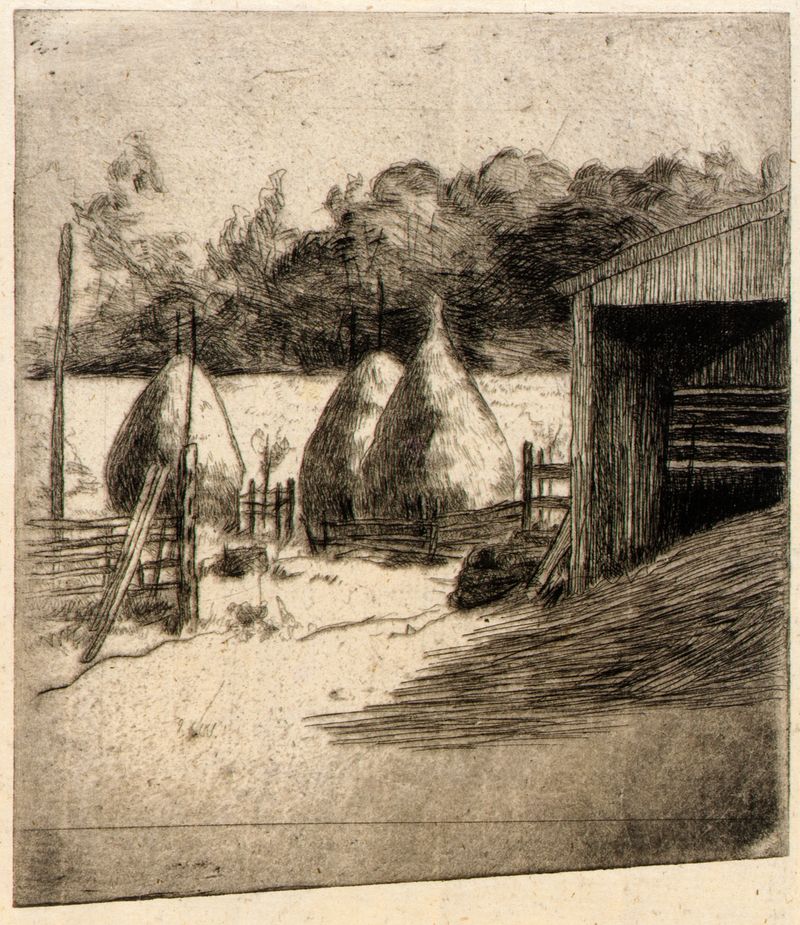 Paisaje de montones de heno en luz dorada de Julian Alden Weir, pintura al óleo