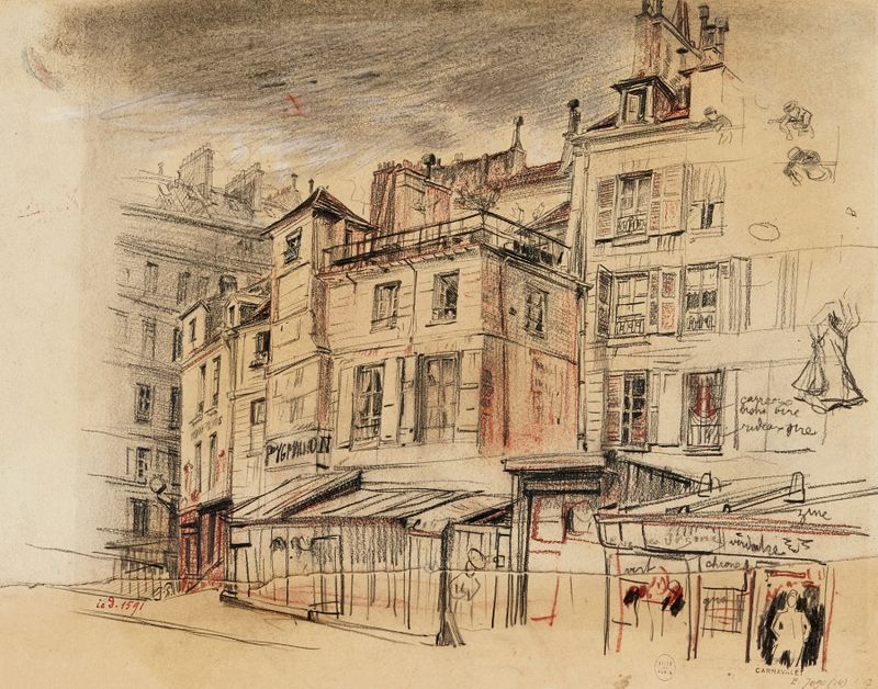 Rue des Ursins de Charles Jouas, óleo sobre lienzo que representa una escena de calle tranquila.