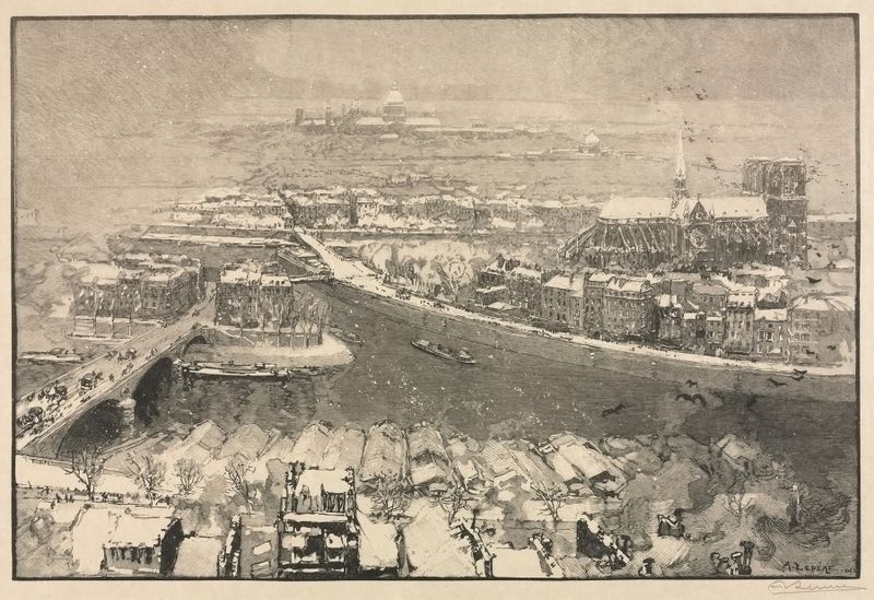 Paisaje invernal con nieve cubriendo calles de adoquines de Auguste Louis Lepère, pintura al óleo