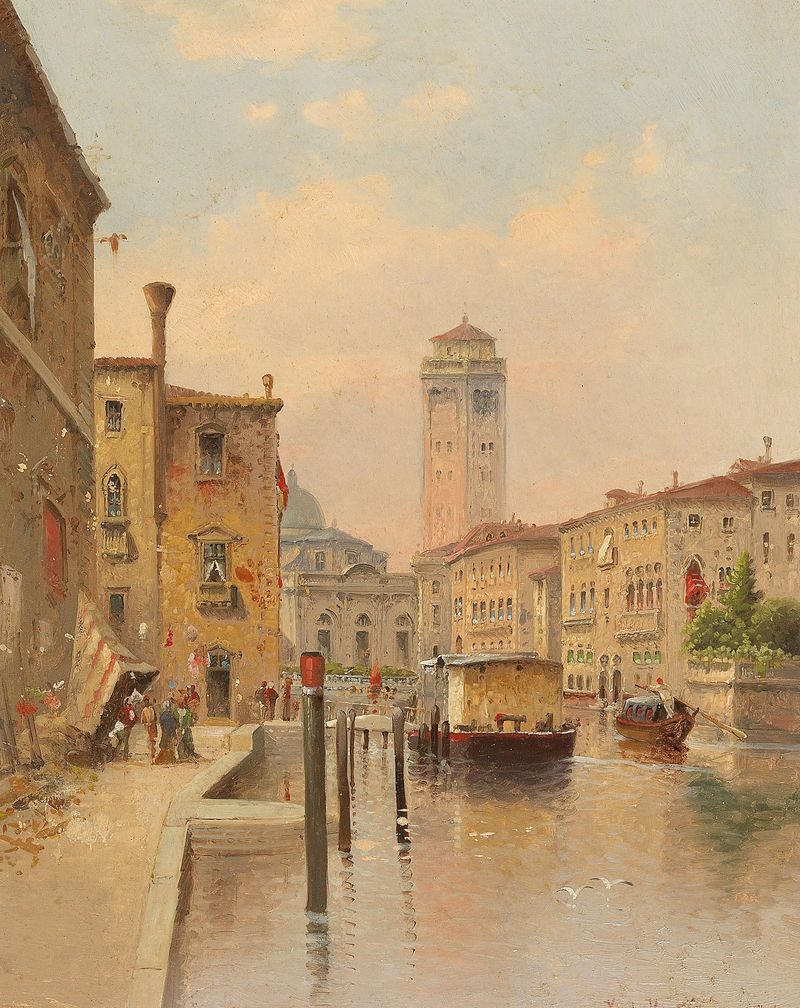 Grande Canal, Veneza de Karl Kaufmann, Impressionismo, retratando um pôr do sol sobre o canal
