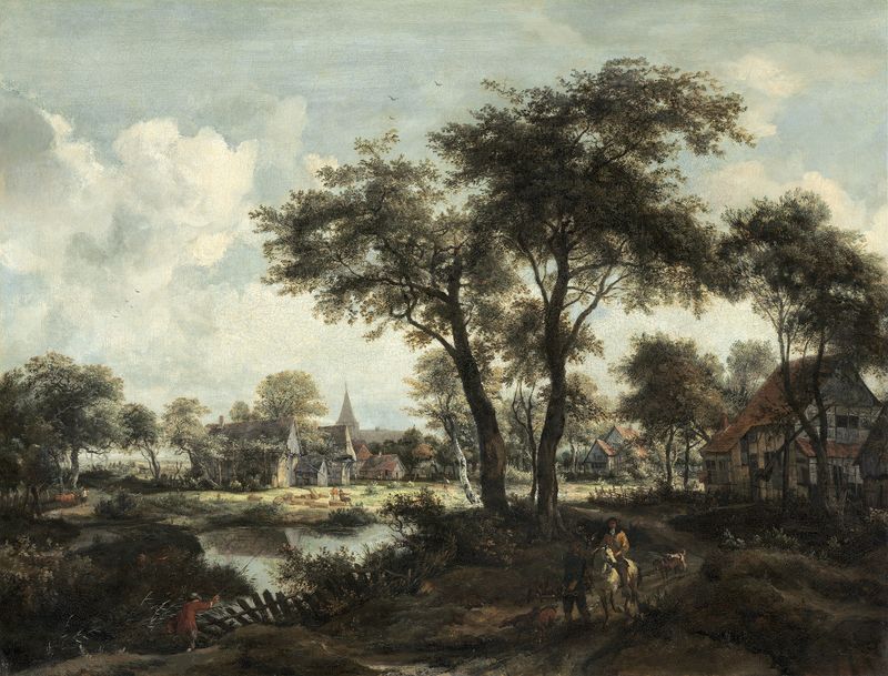 Paisaje que representa una aldea cerca de un estanque, pintura al óleo de Meindert Hobbema