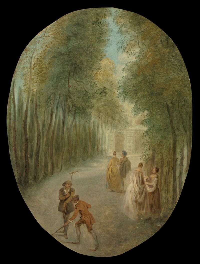 Rococo oil painting by Jean-Baptiste Pater depicting a vibrant spring landscape with flowers.