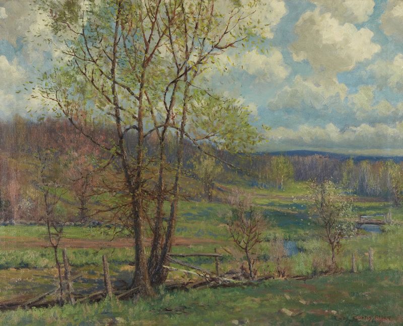New England Spring de Charles Curtis Allen, impresionismo, representando un paisaje vibrante de primavera.