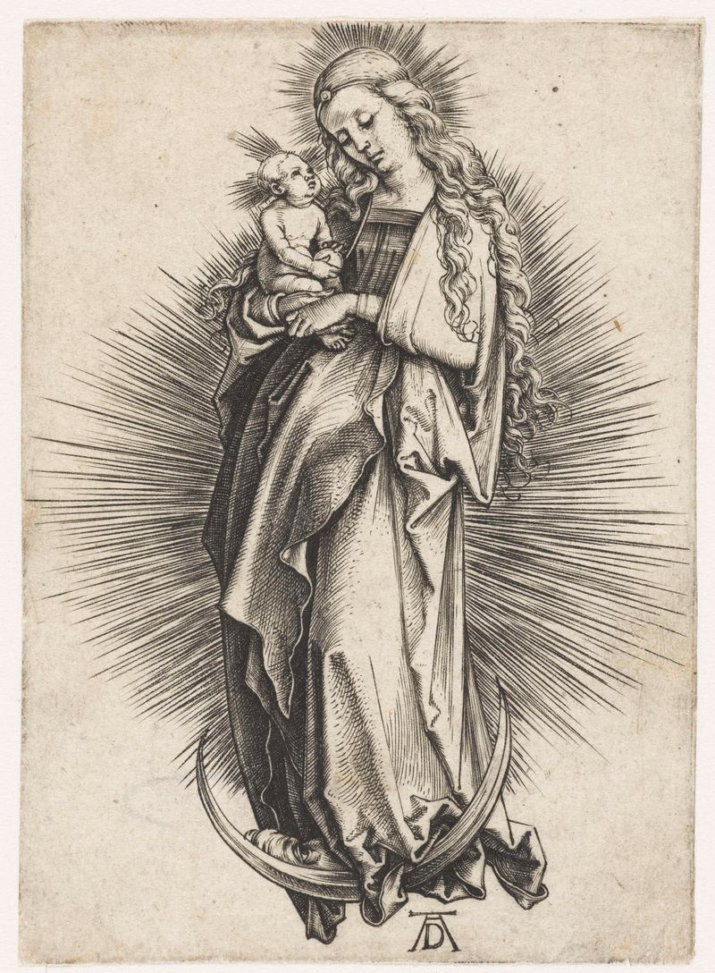Grabado de Albrecht Dürer que representa a María y al niño Jesús en una luna creciente
