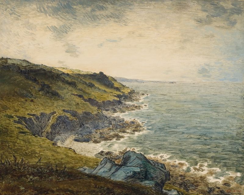 Seaside landscape with waves and a cottage, oil on canvas by Jean-François Millet