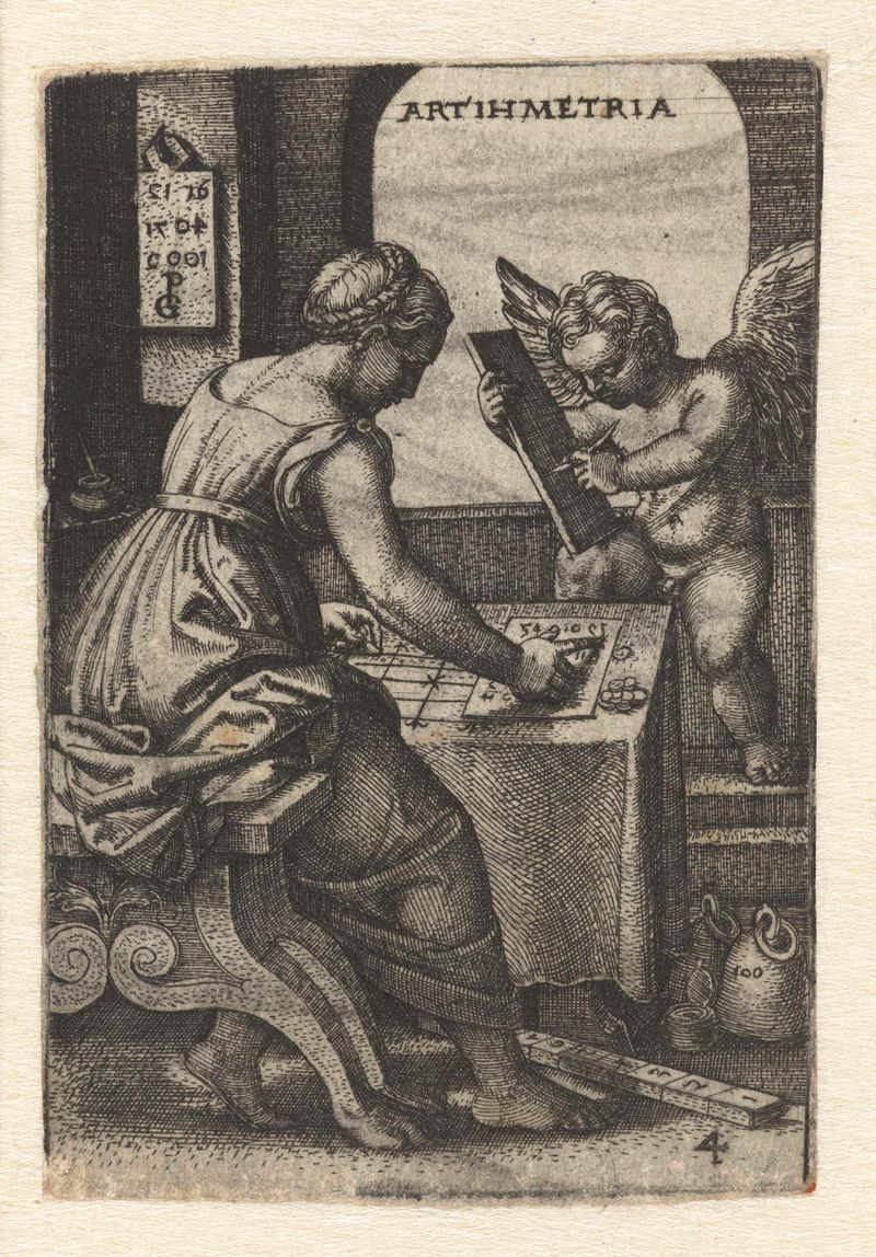 Grabado de Georg Pencz de un joven estudiando matemáticas con herramientas.