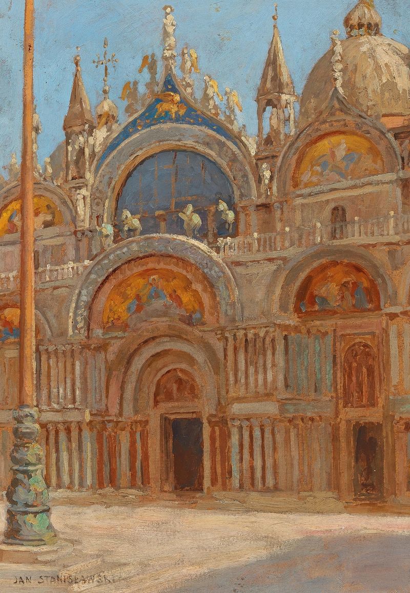 Venedig, San Marco Portal de Jan Stanisławski, mostrando intrincados trabajos en piedra y juego de luces.