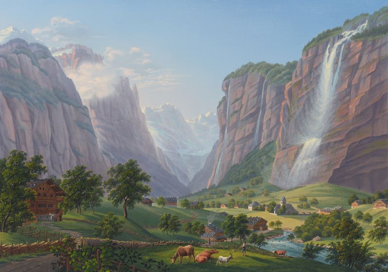 Der Staubbach im Lauterbrunnenthal, oil on canvas by Johann Heinrich Bleuler the Younger, depicting a waterfall and cliffs.