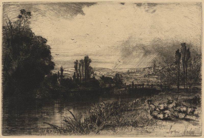 Obra figurativa On the Test de Francis Seymour Haden, retratando duas figuras em antecipação, gravura
