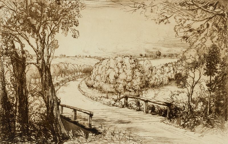 Tennessee Pike by Donald Shaw MacLaughlan, oil on canvas depicting a serene landscape with a winding road.