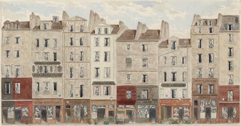Rue Galande Nº2 à 16 by Jules Gaildrau, oil on canvas depicting chaotic urban landscape.