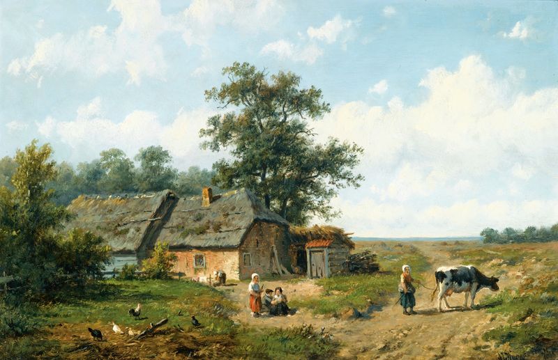 Escena de género con figuras fuera de una cabaña en un día soleado, óleo sobre lienzo de Anthonie Jacobus Van Wijngaerdt