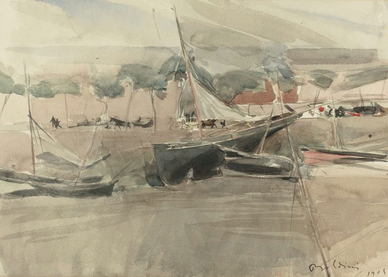 Moored Boats by Giovanni Boldini, oil painting depicting boats at a tranquil harbor