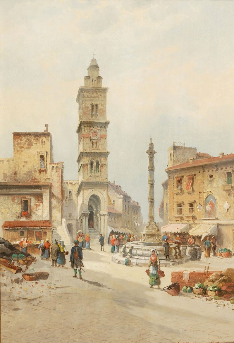 Óleo sobre lienzo de Karl Kaufmann que representa un paisaje italiano iluminado por el sol con vegetación exuberante.