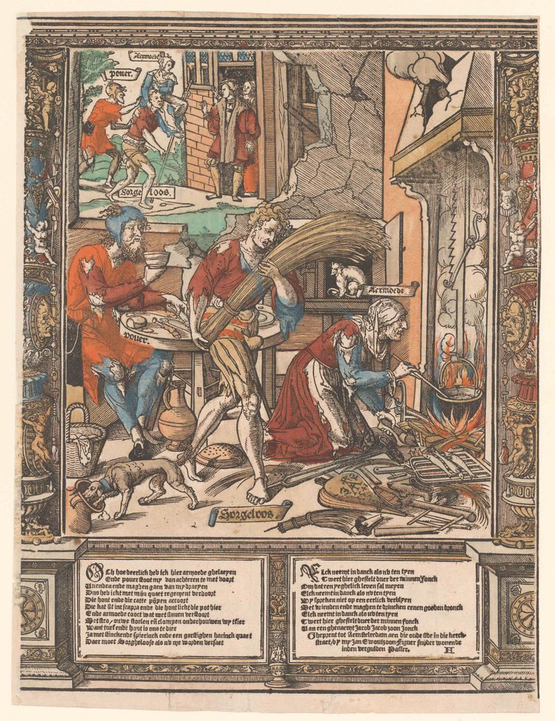 Cena de gênero representando uma figura na pobreza, óleo sobre painel de Cornelis Anthonisz