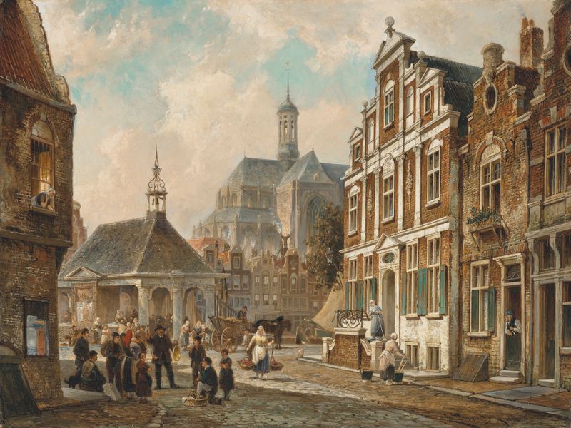 El Mercado de Pescado en Groningen, óleo sobre lienzo de Cornelis Christiaan Dommelshuizen