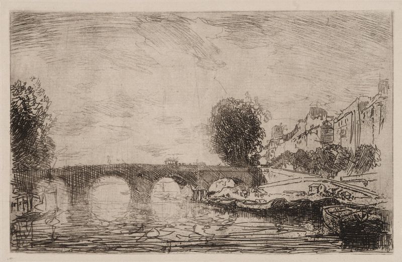 Gravura de Auguste Louis Lepère retratando uma ponte sobre o Sena ao crepúsculo.