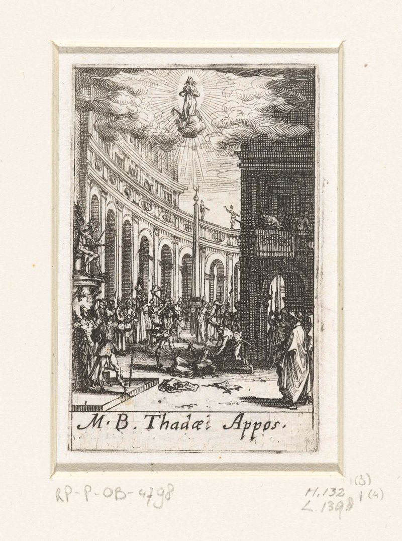 Gravura de Jacques Callot retratando o martírio de Judas Thaddeüs com uma figura aureolada.