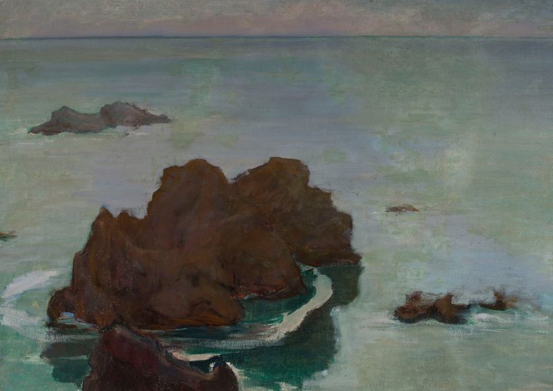 Rocky Isle de Władysław Ślewiński, óleo sobre lienzo que muestra acantilados y un atardecer sobre el mar.