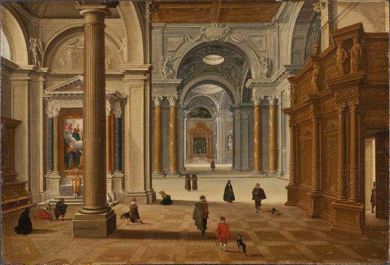 Interior of a Baroque church with intricate columns and light by Bartholomeus van Bassen