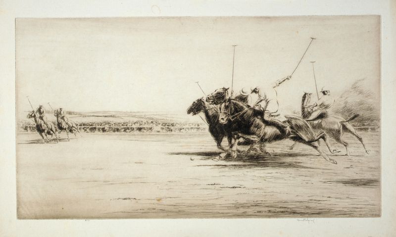 Obra figurativa de un partido de polo de Kerr Eby, medio desconocido