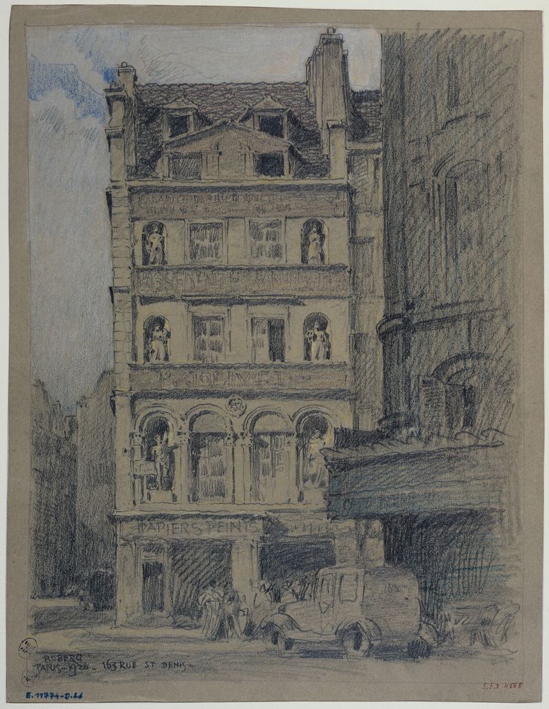 163 rue Saint-Denis de Ferdinand Boberg, óleo sobre lienzo que muestra una calle adoquinada.