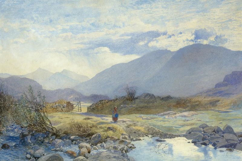 Watercolour by Alfred William Hunt depicting Capel Curig with mountains, river, and clouds.