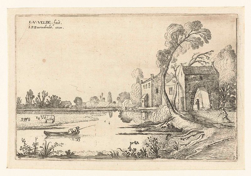 Grabado de Esaias van de Velde con un río y un edificio de puertas