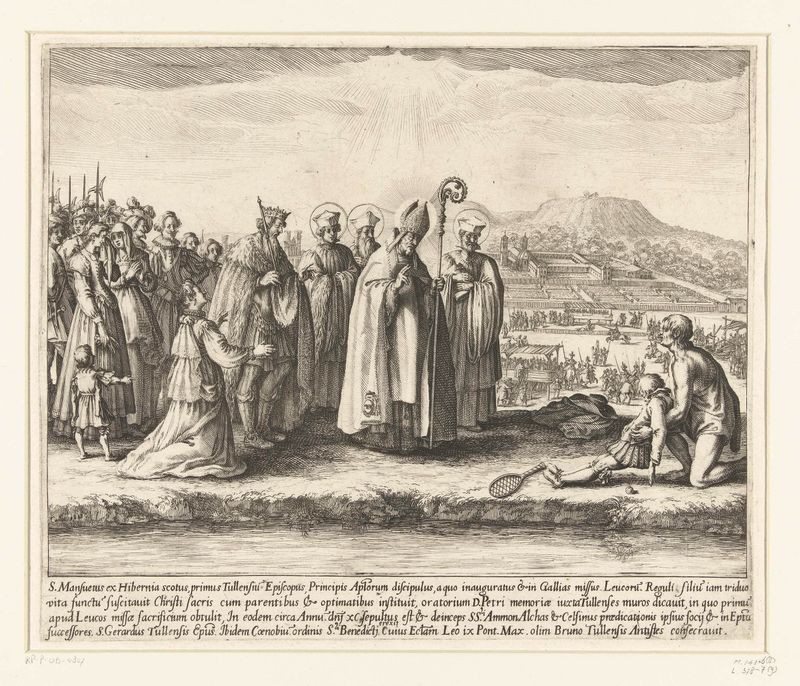 São Mansueto ressuscita o filho do rei Leucoro, gravura de Jacques Callot