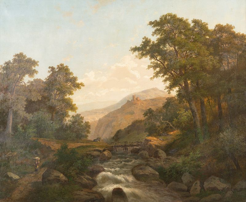 Romantic landscape with castle and wild stream, oil on canvas by Heinrich Eduard Heyn