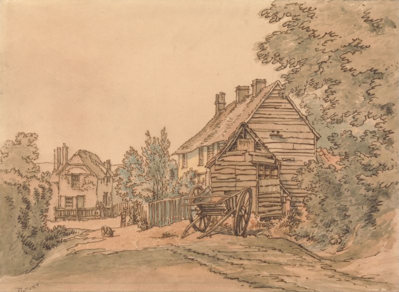 Landscape depicting a village street with cottages, oil painting by William Henry Hunt