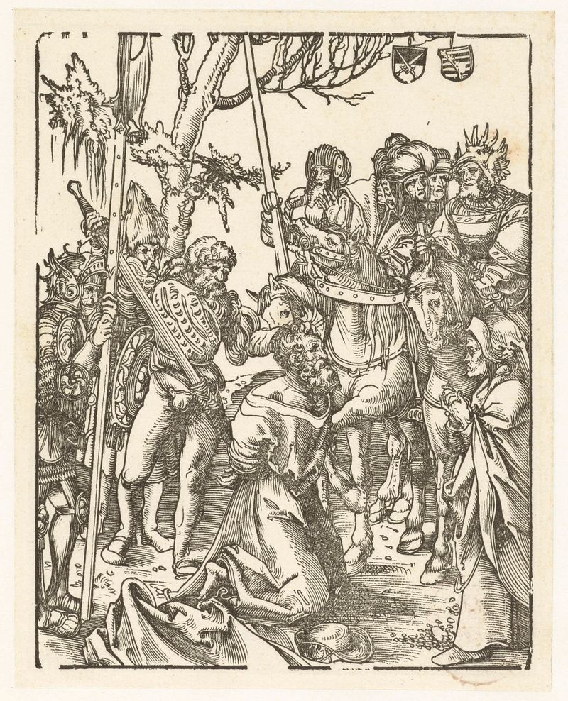 Jakobus de Meerdere wordt terechtgesteld, gravura de Lucas Cranach, retratando uma figura sombria em tons terrosos suaves.