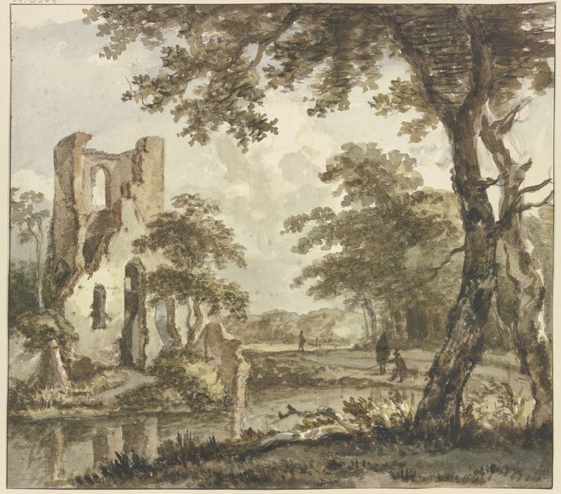Paisaje con ruinas y figuras de Jan Hulswit, pintura al óleo