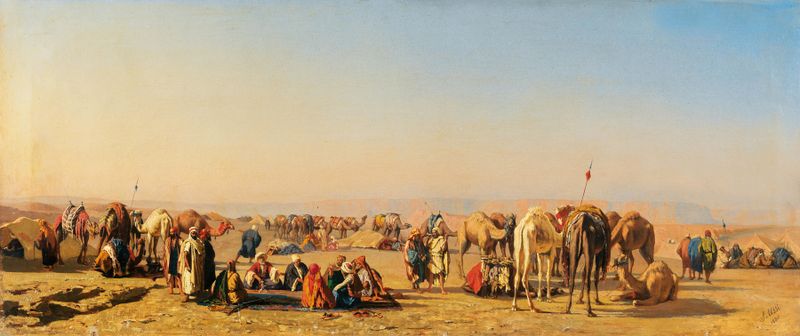 A Caravan Resting de Stefano Ussi, óleo sobre tela, retratando figuras em um deserto ensolarado.