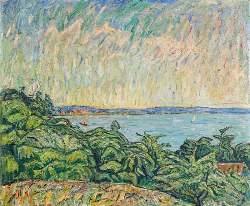 Schwielowsee de Theo Von Brockhusen, óleo sobre lienzo que muestra un lago sereno al atardecer.
