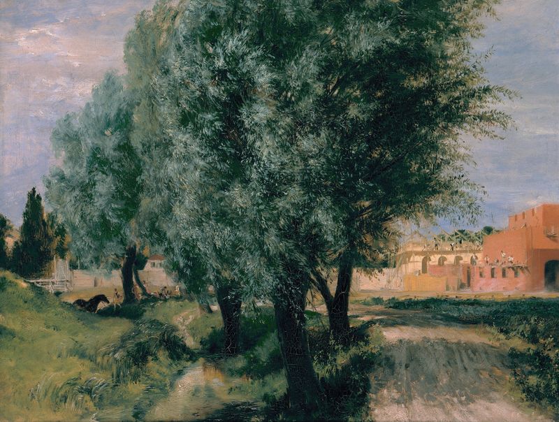 Building Site with Willows by Adolph von Menzel, oil painting depicting willows and a construction site