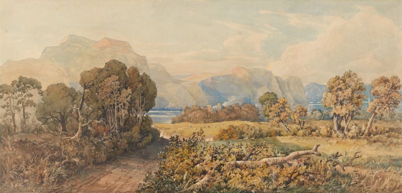 Landscape with River and Mountains by John Joseph Cotman, oil painting depicting a river and distant mountains.