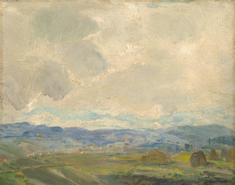 Summer Landscape de Gusztáv Magyar Mannheimer, pintura al óleo que muestra campos dorados y un cielo azul