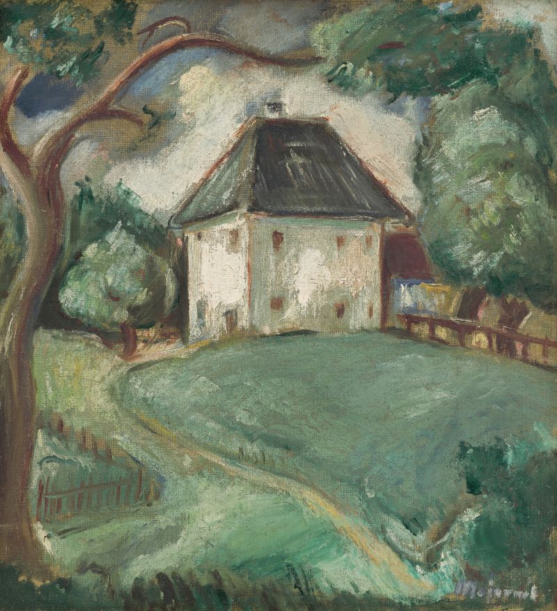 Paisaje cerca de Třeboň de Cyprián Majerník, óleo sobre lienzo, que muestra campos vibrantes y luz solar.