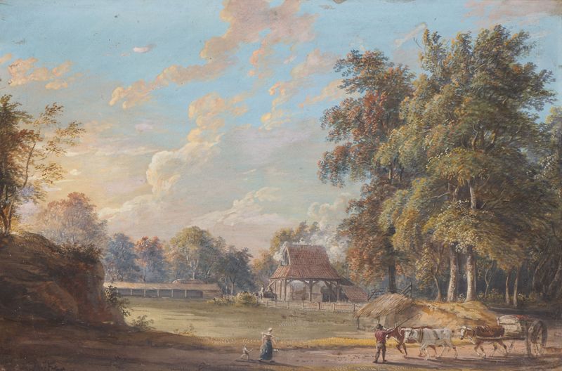 Paisagem com colinas e árvores sob um céu azul de Paul Sandby, pintura a óleo